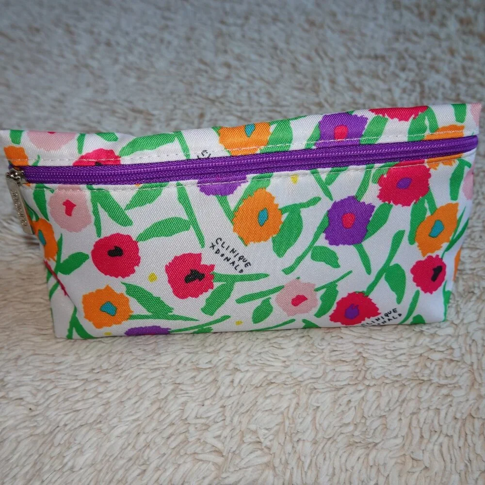 Clinique x Donald Floral Makeup Cosmetics Bag, Purple Lining, NWOT